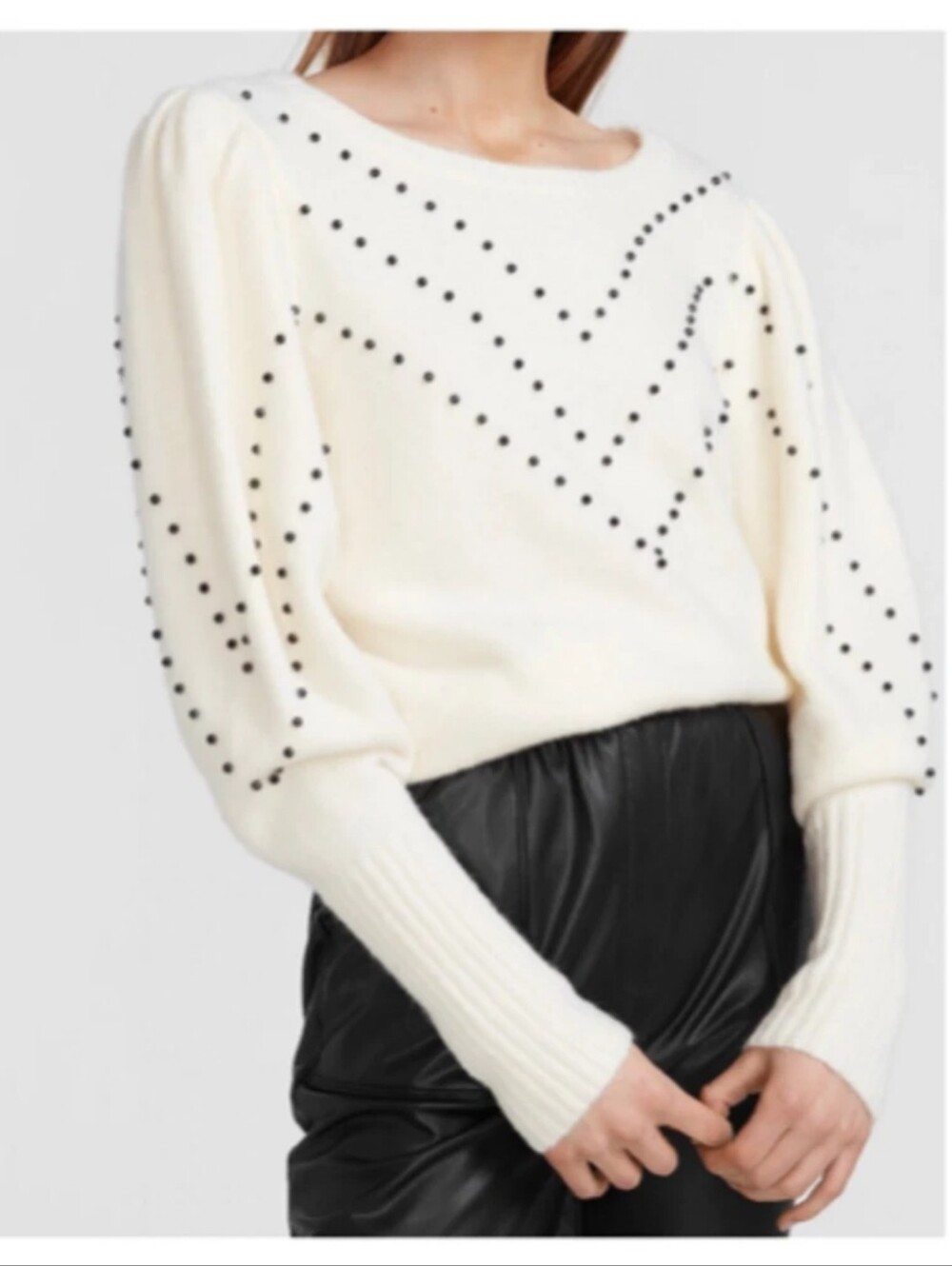 New Express Women's Black Beaded White Sweater With Chic Puff Sleeves, Small